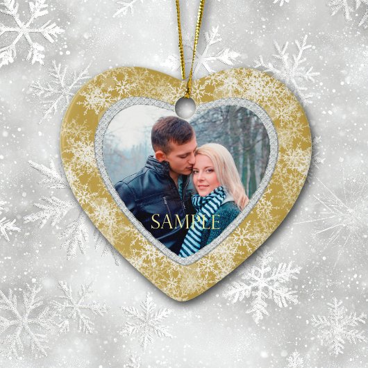 White Snowflakes Border op Gold Photo Template Keramisch Ornament