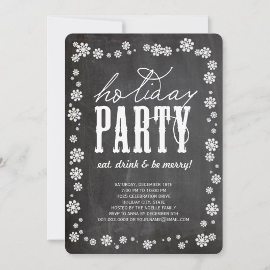 White Snowflakes Chalkboard Holiday Party Uitnodig Kaart (Voorkant)