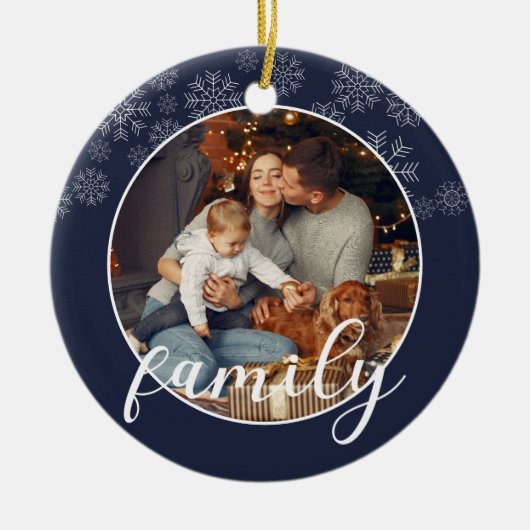 White Snowflakes Family Dark Blue Foto Keramisch Ornament (Voorkant)
