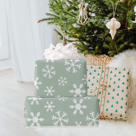 White Snowflakes Green op Background Kerstmis Cadeaupapier