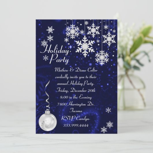White Snowflakes Holiday Party Uitnodiging (Staand voorkant)