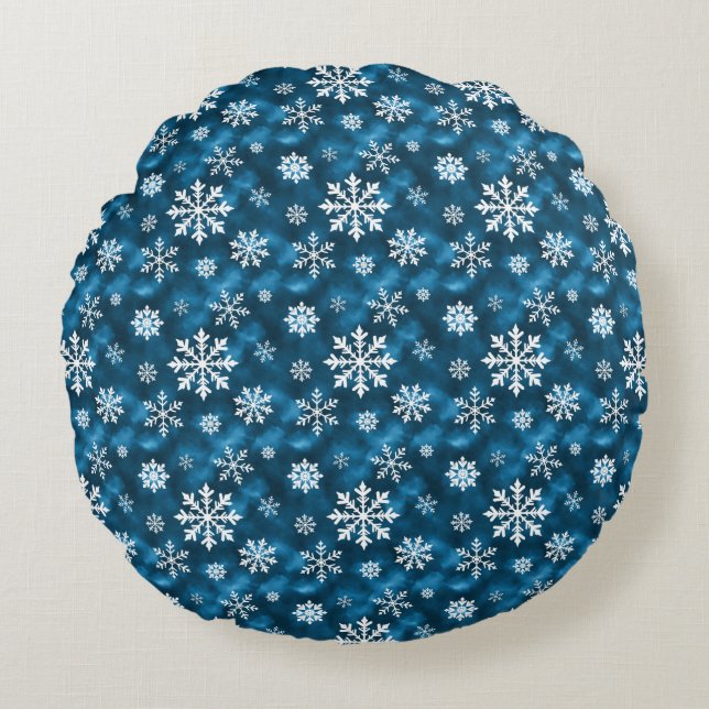 White Snowflakes On Blue Background Christmas Rond Kussen (Voorkant)
