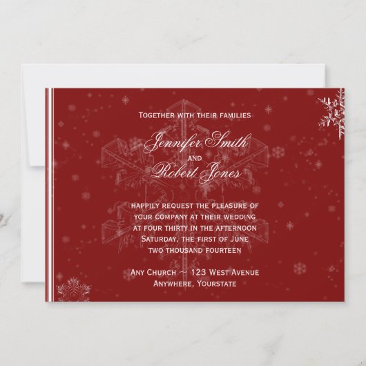 White Snowflakes on Cranberry Wedding Invitation Kaart (Voorkant)