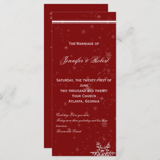 White Snowflakes on Cranberry Wedding Programme Programmakaart (Voorkant / Achterkant)