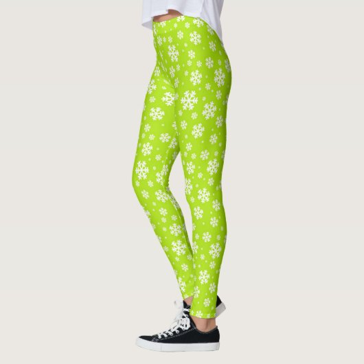 White Snowflakes on Green Winter Pattern Leggings (Links)
