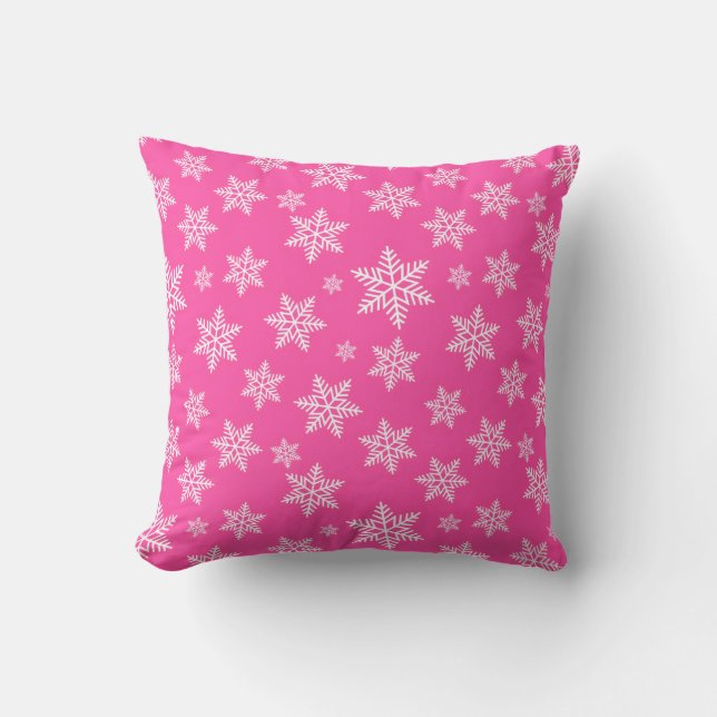 White Snowflakes on Pink Winter Pattern Kussen (Voorkant)