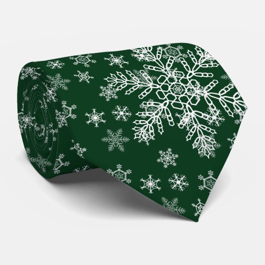 White Snowflakes Pattern on Deep Forest Green Stropdas (Opgerold)