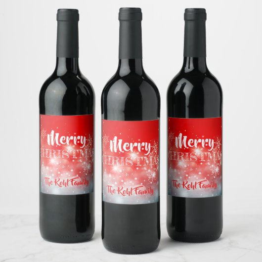 White Snowflakes Sparkles Bokeh on Red Xmas Wijn Etiket (Flessen)