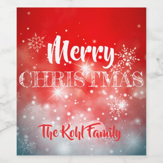 White Snowflakes Sparkles Bokeh on Red Xmas Wijn Etiket (Enkel label)