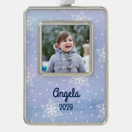 White Snowflakes Stip Name Year Holiday Foto Verzilverd Omlijst Ornament
