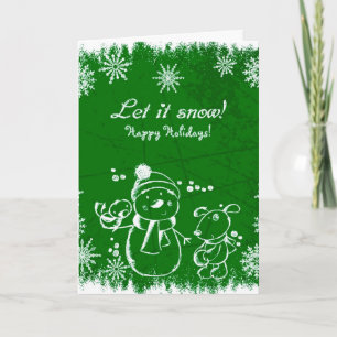 White Snowman Snowflakes and Dog Green Background Feestdagen Kaart