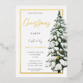 White Snowy kersttree Xmas party Golden Folie Uitnodiging (Voorkant)