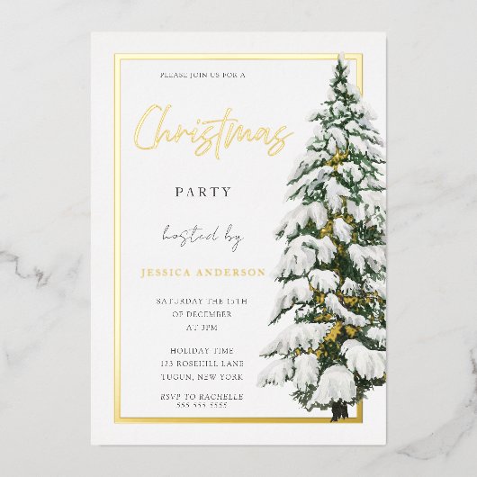 White Snowy kersttree Xmas party Golden Folie Uitnodiging (Voorkant)
