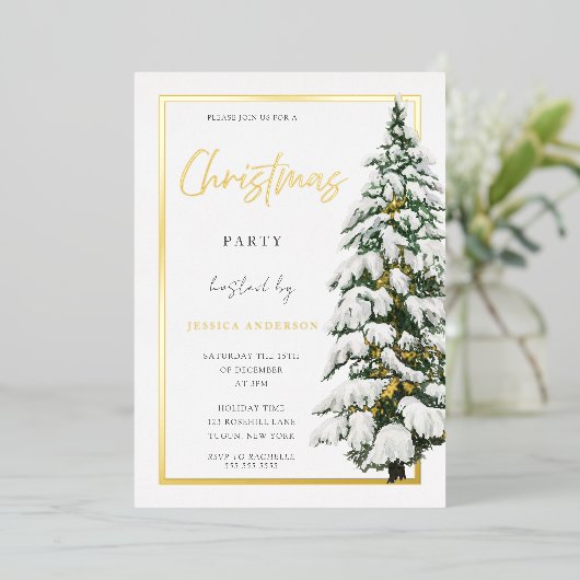 White Snowy kersttree Xmas party Golden Folie Uitnodiging (Staand Voorkant)
