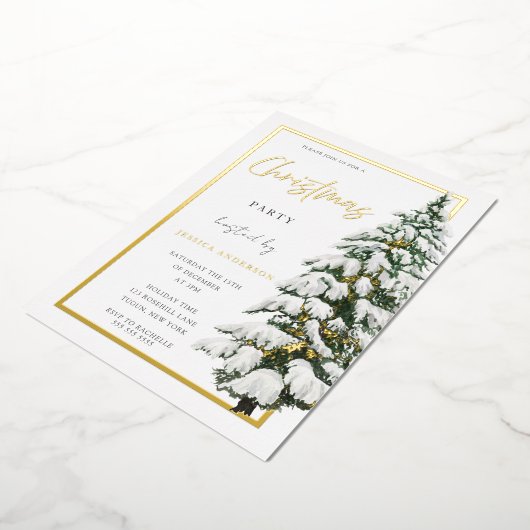 White Snowy kersttree Xmas party Golden Folie Uitnodiging (Gedraaid)