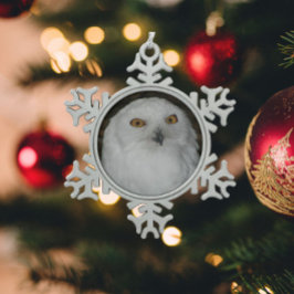 White Snowy Owl Photo Tin Sneeuwvlok Ornament