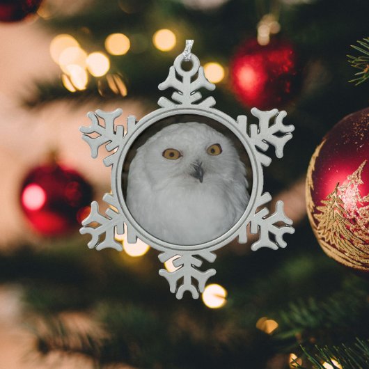White Snowy Owl Photo Tin Sneeuwvlok Ornament