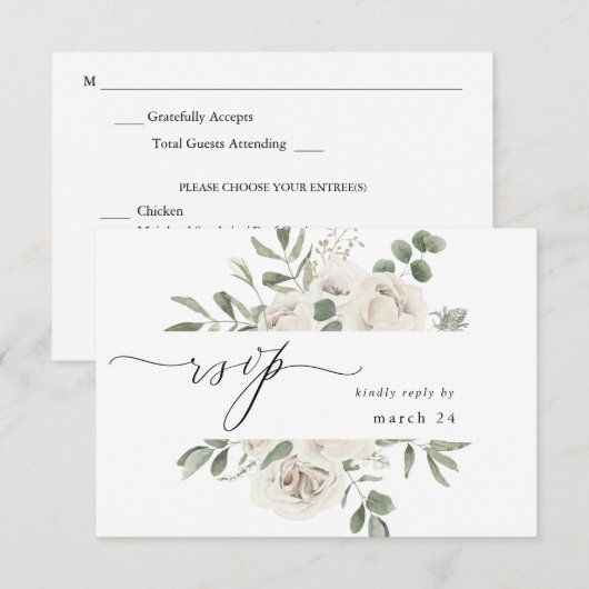 White Soft Floral & Eucalyptus w Meal RSVP 3 Kaartje (Voorkant / Achterkant)