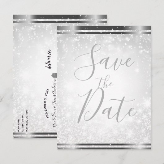 White Sparkle Elegant Winter Wedding Save the Date Aankondigingskaart (Voorkant / Achterkant)