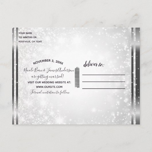 White Sparkle Elegant Winter Wedding Save the Date Aankondigingskaart (Achterkant)