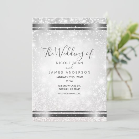 White Sparkle Elegant Winter Wonderland Wedding Kaart (Staand voorkant)