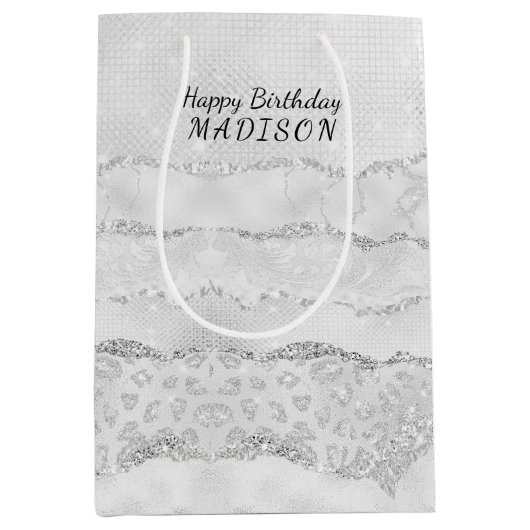White Sparkle Glitter Medium Cadeauzakje (Voorkant)