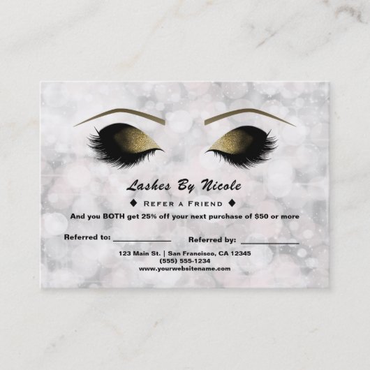 White Sparkle Lights Lashes Refer Friend Aftercare Aanbevelingskaartje (Voorkant)