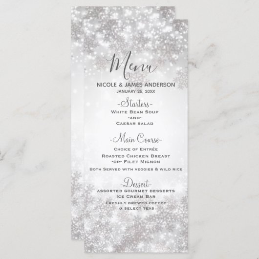 White Sparkle Snowflakes Winter Wedding Menu (Voorkant / Achterkant)