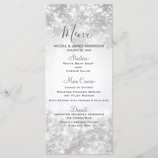 White Sparkle Snowflakes Winter Wedding Menu (Voorkant)