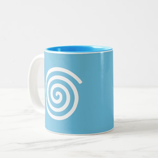 White Spiral op Turquoise Tweekleurige Koffiemok (Voorkant links)