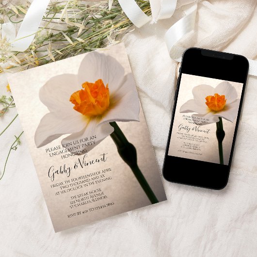 White Spring Daffodil Engagement Party Kaart