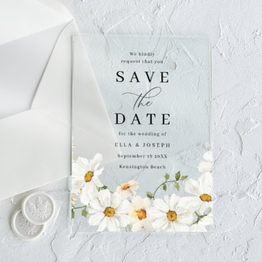 White Spring Floral Wedding Save The Date Acryl Uitnodigingen
