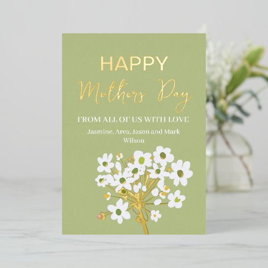 White Spring Florets Gelukkige Moeders Dag Goud Folie Feestdagenkaart (Staand Voorkant)