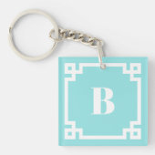 White Square Greek Key Border Aqua Blue Monogram Sleutelhanger (Voorkant)