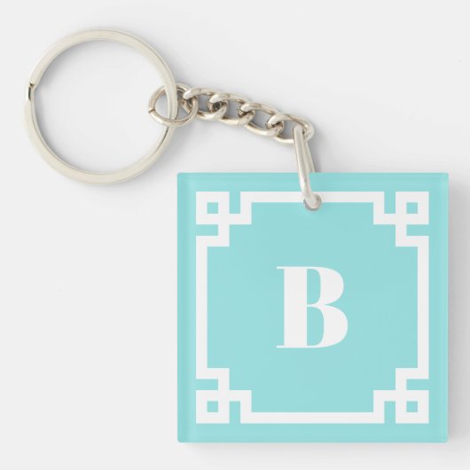 White Square Greek Key Border Aqua Blue Monogram Sleutelhanger (Voorkant)