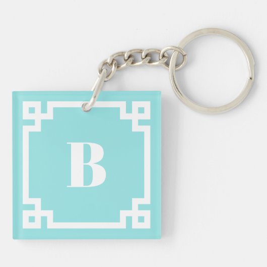 White Square Greek Key Border Aqua Blue Monogram Sleutelhanger (Achterkant)