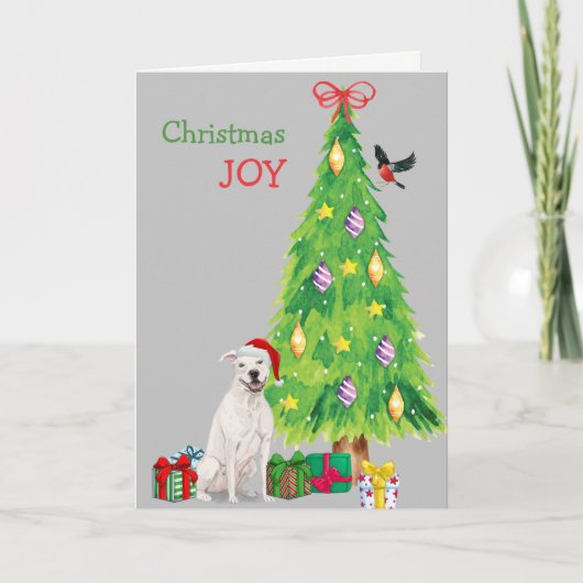 White Staffordshire Terrier and Holiday Tree Feestdagen Kaart (Voorkant)