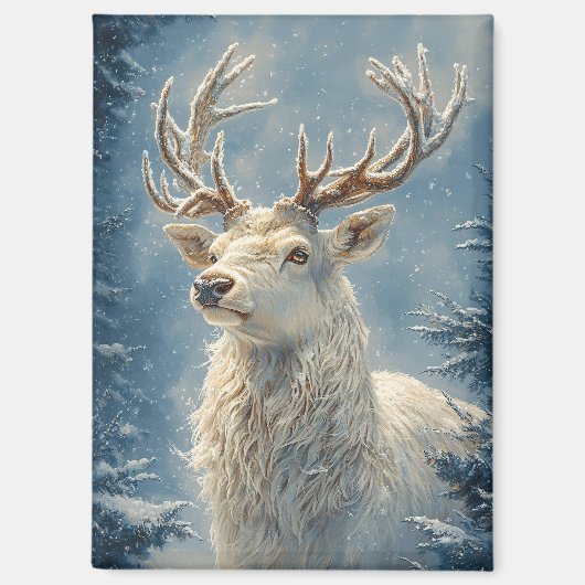 White Stag Portret Mystieke Winter Kunst Magneet (Voorkant)
