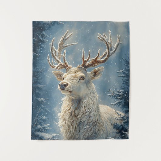 White Stag Portret Mystieke Winter Kunst Wandkleed (Voorkant)