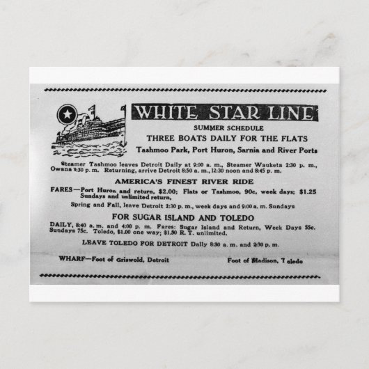 White Star Line Summer Schedule Tashmoo Park Briefkaart (Voorkant)