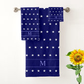 White Star Pattern & Monogram op Navy Blue Bad Handdoek