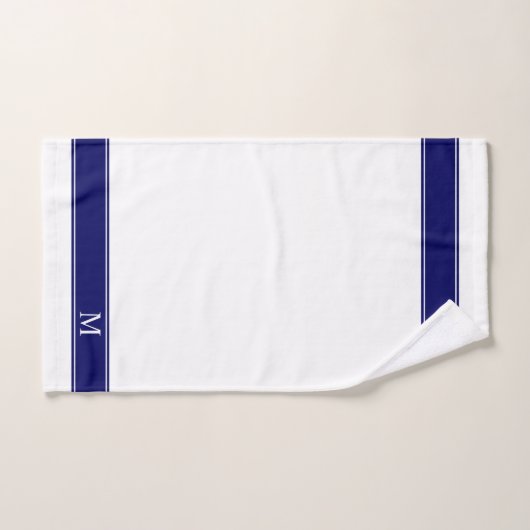 White Star Pattern & Monogram op Navy Blue & White Bad Handdoek (Handdoek)