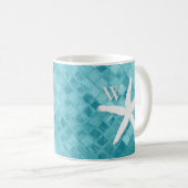 White Starfish Aqua Zee Glass Monogram Koffiemok (Voorkant rechts)