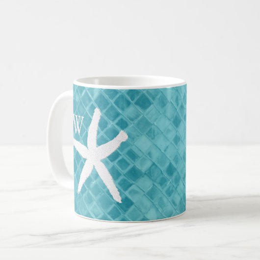 White Starfish Aqua Zee Glass Monogram Koffiemok (Voorkant links)