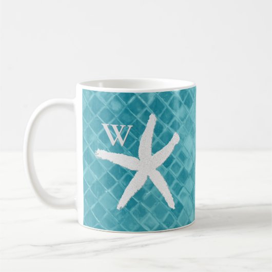 White Starfish Aqua Zee Glass Monogram Koffiemok (Links)