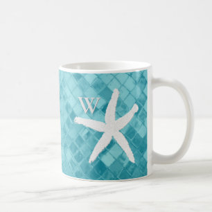 White Starfish Aqua Zee Glass Monogram Koffiemok