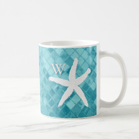 White Starfish Aqua Zee Glass Monogram Koffiemok (Rechts)