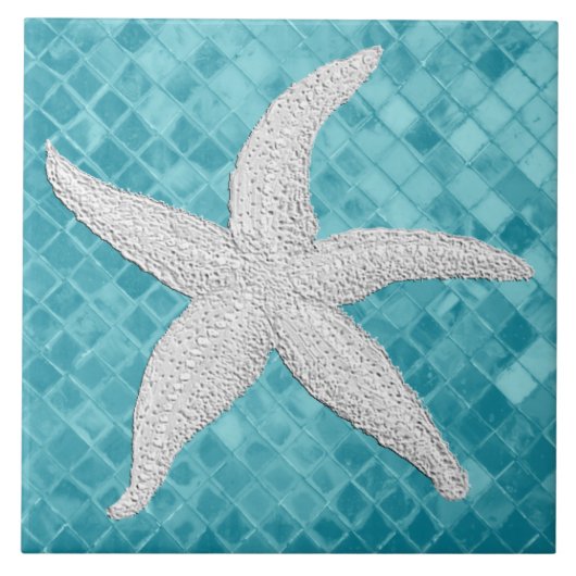 White Starfish Aqua Zee Glass Patroon Tegeltje (Voorkant)