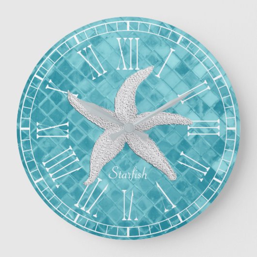 White Starfish Aqua Zee Glass Personailize Grote Klok (Voorkant)