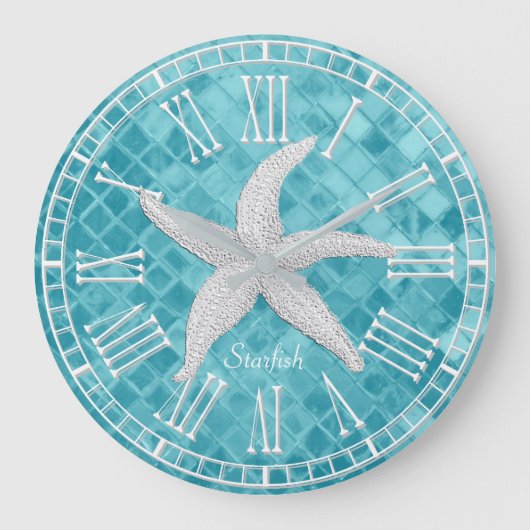White Starfish Aqua Zee Glass Personaliseren Grote Klok (Voorkant)
